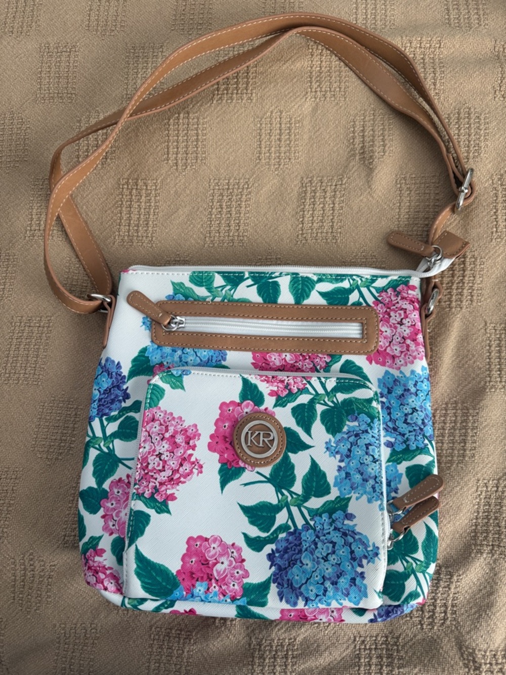 Kim Rogers Floral Crossbody in Pink, Blue & Green with Tan Trim